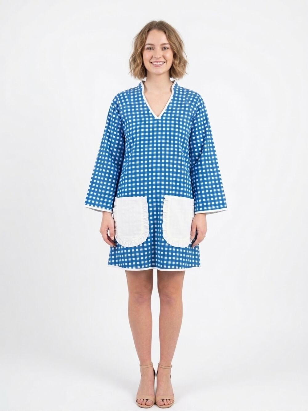 Grand Millie Blue Gingham Cotton Tunic Shift Dress with Ruffle Pockets